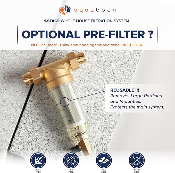 Aquaboon 2-Stage Whole House Water Filter System with 20x4.5 Filters Against Sediment & Chlorine with Pressure Gauge & Release, Wrench, Iron Bracket