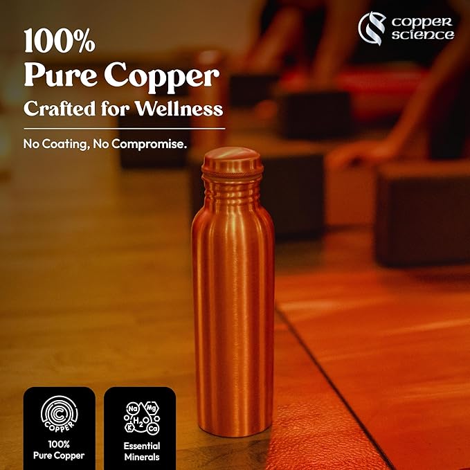 Pure Copper Water Bottle – 34Oz (1000 ml) – Handcrafted Smooth Finish Design, Leak-Proof – 100% Pure Copper Ayurvedic Metal Water Bottle for Benefits & Wellness