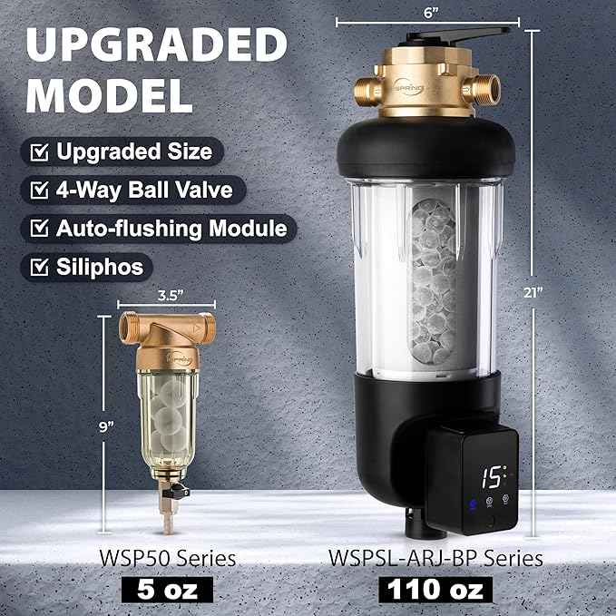 iSpring WSP50SL-ARJ-BP, NSF Certified, Whole House Spin Down Sediment Water Filter, 4 Modes Bypass, Includes Siliphos Helps Prevent Scale, Clear Housing, Jumbo Size, Touch-Screen Auto Flushing