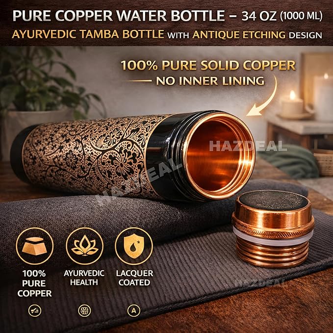 Copper Water Bottle 1 Liter – Leakproof Ayurvedic Tamba Bottle for Drinking Water, BPA-Free Copper Vessel for Health Benefits, Joint-Free Durable | |Home| Office (2 Printed Bottle)