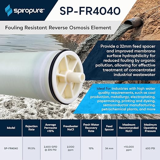 SpiroPure SP-FR4040 NSF-Certified 4x40 Industrial RO Membrane Fouling Resistant Element FLR-4040 FR-4040 Low Fouling Commercial Reverse Osmosis TML10D LFC3-LD-4040