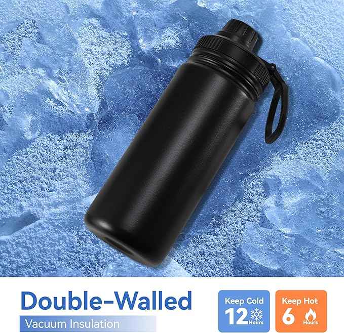 DOMICARE 16 oz Kids Water Bottle for School Stainless Steel Double Wall Vacuum Insulated Water Bottle with Straw lids & Spout Lid, Leakproof BPA Free （Black,1)