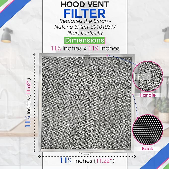 Stove Hood Vent Filter 11.6” x 11.2” BPQTF S99010317 Compatible with Broan Range Hood Filter Replacement for Ductless Overhead - Metal Mesh Filters Grease and Carbon Freshens Kitchen Oven Air (1-Pk) - AquaVibe