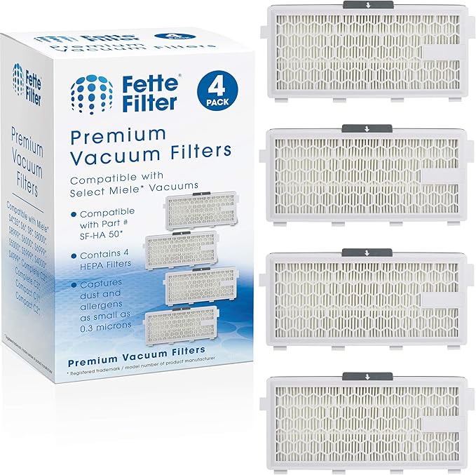 Fette Filter - HEPA Filters Compatible with Miele AirClean SF-HA 50 Filter for Model # S4, S5, S6, S8, S8000, S8999, S6000, S6999, S5000, S5999, S4000, S4999, Complete C2 & C3 (Pack of 4) - AquaVibe