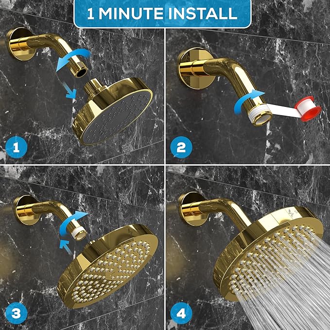SparkPod Shower Head - High Pressure Rain - Premium Quality Luxury Design - 1-Min Install - Easy Clean Adjustable Replacement for Your Bathroom Shower Heads (Egyptian Gold, 6 Inch Round) - AquaVibe