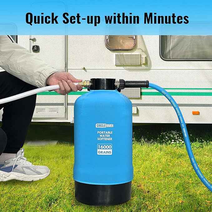 RV Water Softener with Water Hose, 16000 Grains 3/4" Brass Fittings Food-Grade Resin Soften Hard Water Improve Water Quality Portable Water Softener for RV, Trailers
