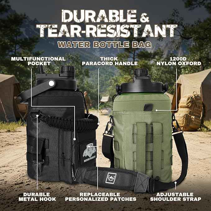 NATURE PIONEOR 1 Gallon Tactical Water Bottle Set, Stainless Steel 128 oz Sport Water Bottle with Tactical MOLLE Bottle Carrier Sleeve, for Outdoor Work, Gym, Hiking, Camping