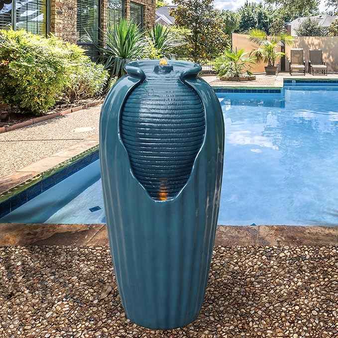 Teamson Home 32 in. Outdoor Contemporary Glazed Contoured Vase Water Fountain with LED Lights to Create a Calming Oasis in Gardens and Landscaping, on Patios, Balconies, Lawns, Teal Blue