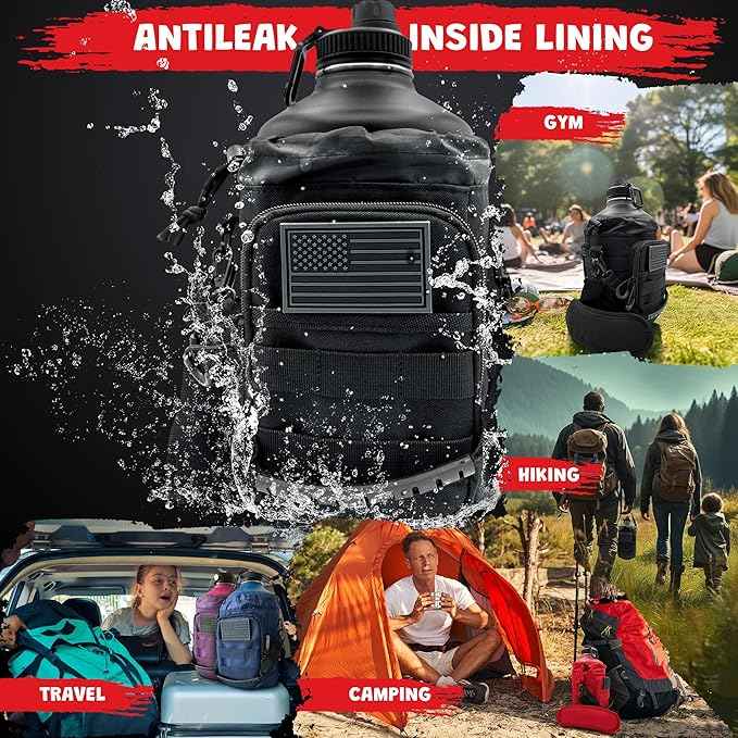 Half Gallon Water Bottle Jug - 84 Oz Insulated Stainless Steel Metal Water Jug with Holder - Carrying Bag - Spout Handle - Straw Lids - Keep Cold & Hot - Black Tactical Flask