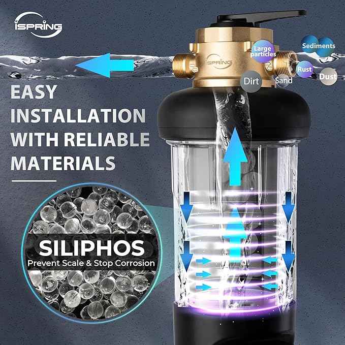 iSpring WSP100SL-ARJ-BP, NSF Certified, Whole House Spin Down Sediment Water Filter with 4 Modes Bypass, Include Siliphos Helps Prevent Scale, Clear Housing, Jumbo Size with Touch-Screen Auto Flushing