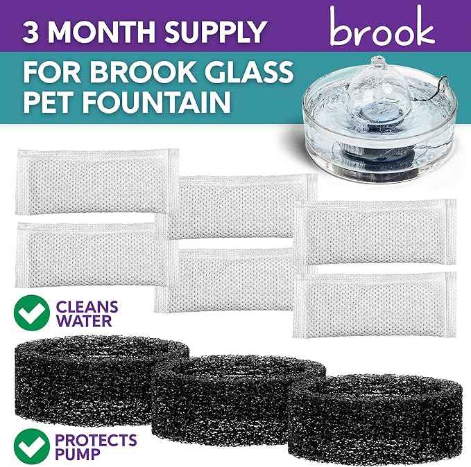 BROOK Glass Pet Fountain Filter Replacement Set – 3 Filter Rings & 6 Activated Carbon Pouches – 3 Month Supply Replacement Filters Set for BROOK Cat Fountain
