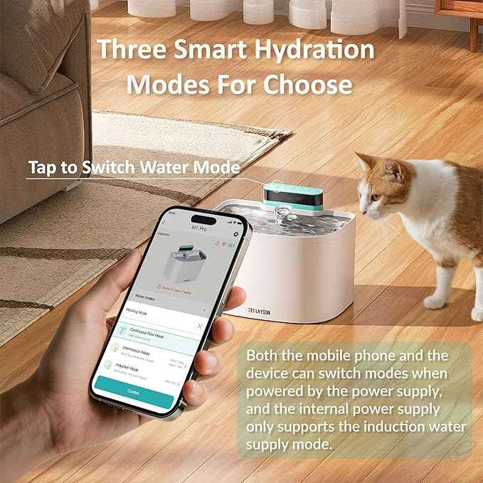 PET LAYSON Pumpless Cat Water Fountain,App Remote Control Smart Cordless Battery Operated 3.6L/122oz Wireless 2.4GHz Wi-Fi Networks Rechargeable Water Dispenser (White, M1Pro-8 Filter)