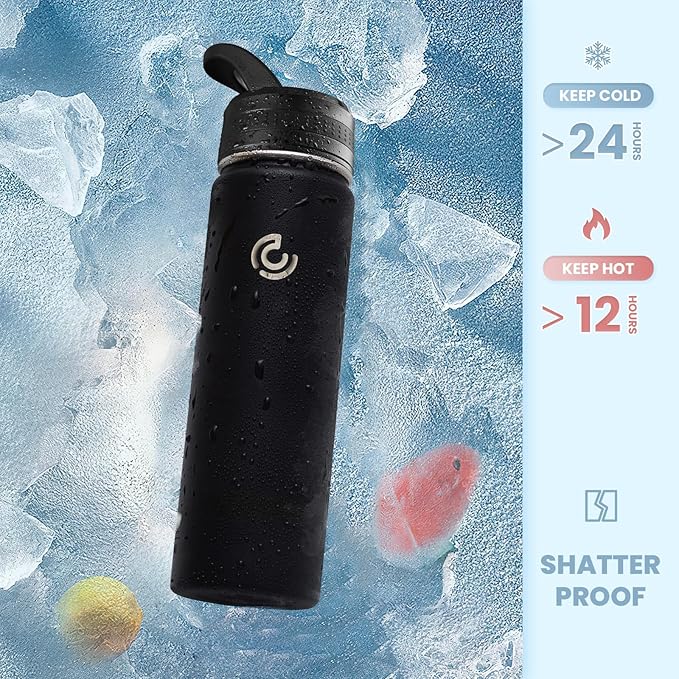COKTIK 22oz Sports Water Bottle, Stainless Steel Water Bottle for Insulated, Reusable Travel Bottle, With Straw, With Handle Grip for Easy Carrying, Suitable for Cycling, Outdoor Vacations(Black)