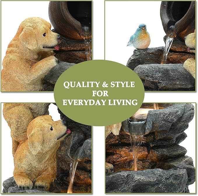 LuxenHome Outdoor Water Fountain, 26 Inch Puppy and Rock Resin Water Fountains Indoor with LED Lights, Farmhouse Waterfall Outdoor, Indoor Fountains and Waterfalls for Patio, Garden Decor