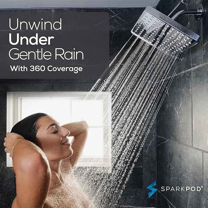 SparkPod Shower Head - High Pressure Rain - Premium Quality Luxury Design - Easy Clean Adjustable Replacement for Your Bathroom Shower Heads (Charcoal Grey, 8 Inch Square)