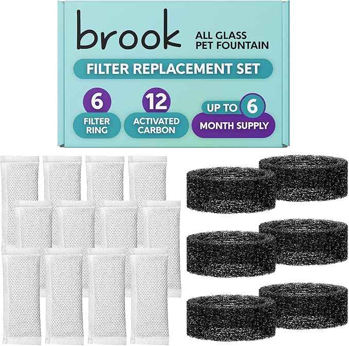BROOK Glass Pet Fountain Filter Replacement Set – 6 Filter Rings & 12 Activated Carbon Pouches – Up to 6 Month Supply Replacement Filters Set for BROOK Cat Fountain