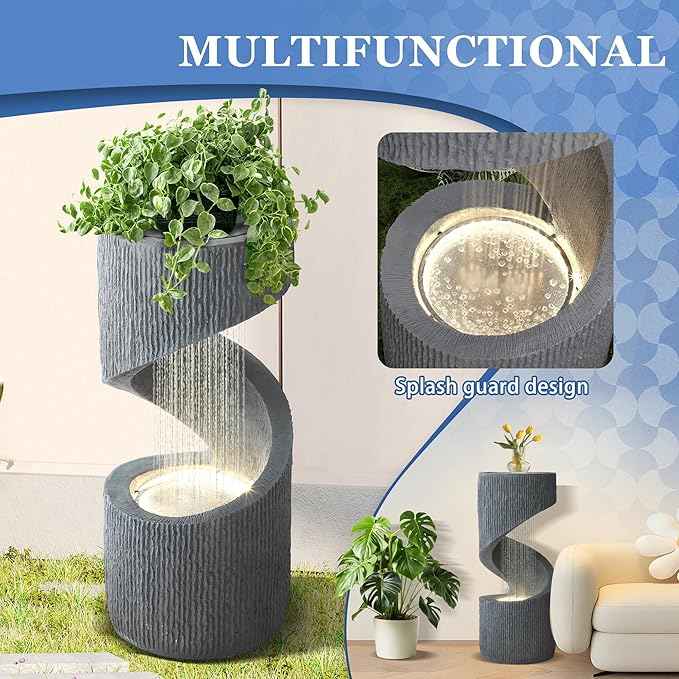 31.9" Outdoor Garden Water Fountain, S-Shaped Cascading Fountains and Waterfalls with LED Lights & Splash-Proof Net, Indoor/Outdoor Floor Standing Water Feature for Patio, Backyard, Home Decor