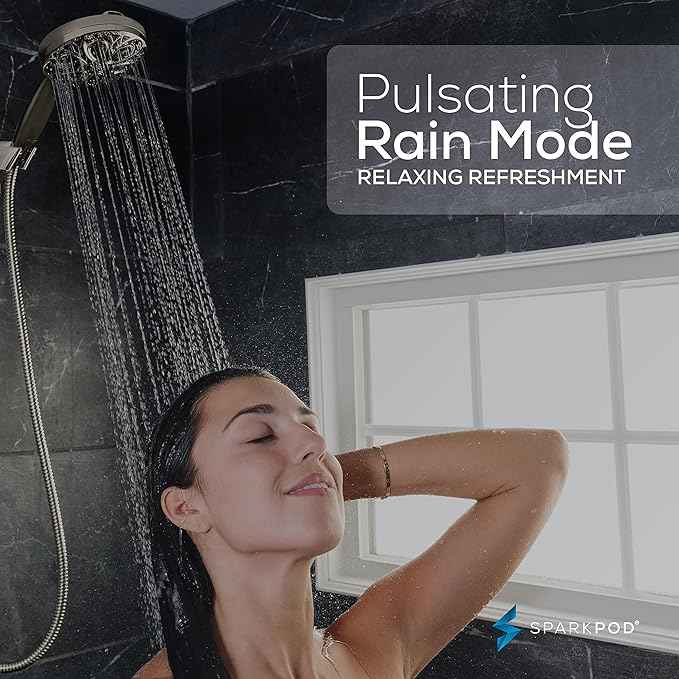 SparkPod 10-Mode Handheld Shower Head with Hose - 5" High Pressure Shower Head Set with Touch-to-Clean Nozzles, Built-In Power Jet, Stainless Steel 6ft Hose & Bracket (Brushed Nickel)