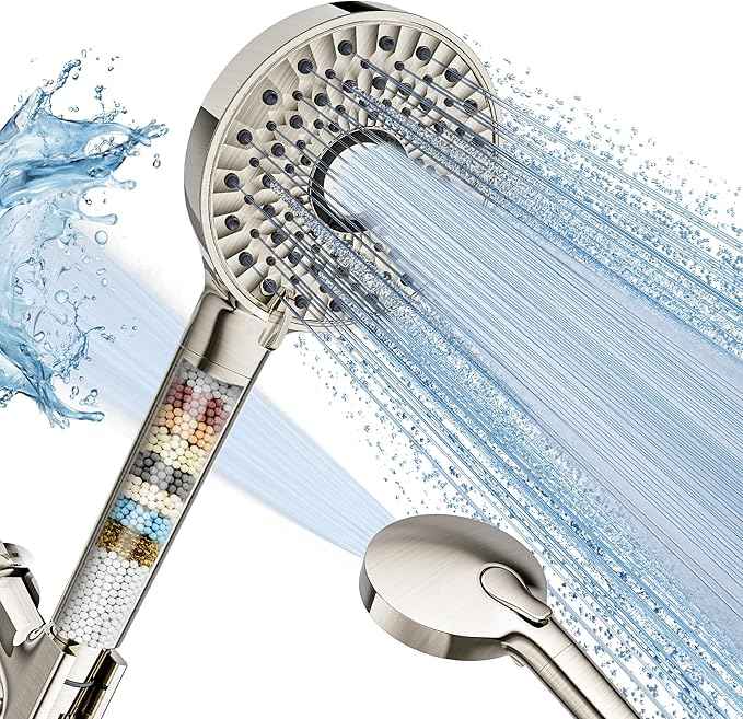 Filtered Shower Head with Handheld, High Pressure 10-Spd Detachable Chrome Showerhead with Stainless Hose, Water Softener Filter Beads for Hard Water - Remove Chlorine, Brushed Nickel-Silver