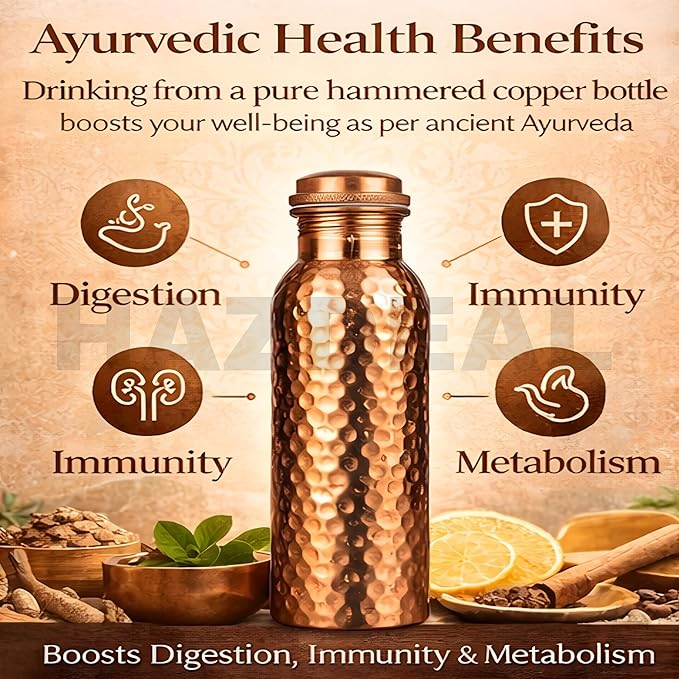 Copper Water Bottle 1 Liter – Leakproof Ayurvedic Tamba Bottle for Drinking Water, BPA-Free Copper Vessel for Health Benefits, Joint-Free Durable | |Home| Office (Hammered)