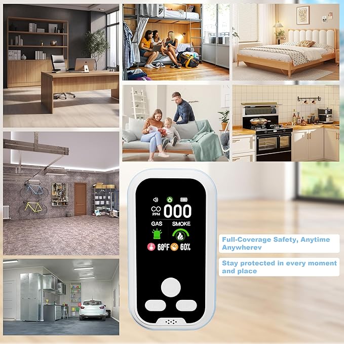 5-in-1 Carbon Monoxide Detector Combo with LCD Display, Detects CO, Natural Gas, Smoke, Temperature, Humidity for Home Hotel, Camping RV, Apartment Safety, Monoxide Alarm HD Screen