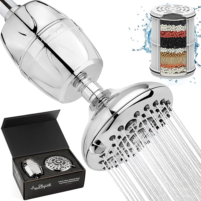 Aqua Elegante High Pressure Shower Head & Filter - Adjustable Water Saving Showerhead For Low Flow Showers With Bath Filters To Remove Chlorine + Hard Minerals, 2.5 GPM - Chrome