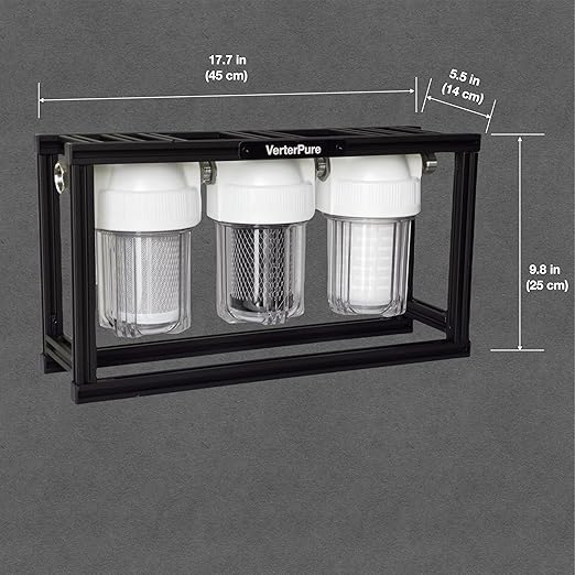 S3 Mini External 3-Stage RV Fresh Water Filter System, Compact, 5 Inch Filters, 3/4" GHT Stainless Steel Fittings, Reduce Sediment, Chlorine, Odor, All Aluminium Free-Standing Chassis, Clear