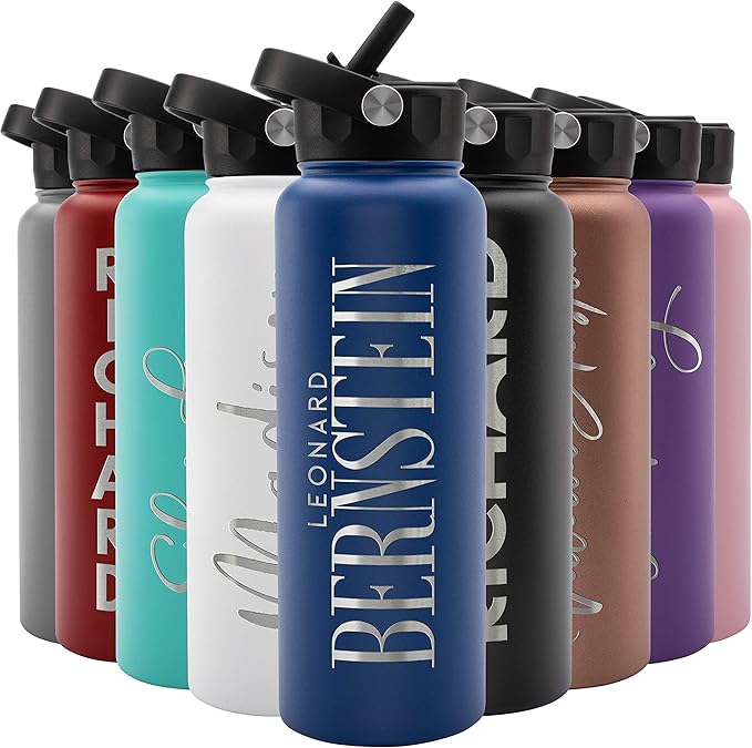 Amazing Items Personalized Water Bottle w/Straw & Lid, 40 oz - Navy Blue | Custom Large Stainless Steel Sports Water Bottle w/Name and Text - Double-Wall, Vacuum Insulated - Rotating Handle