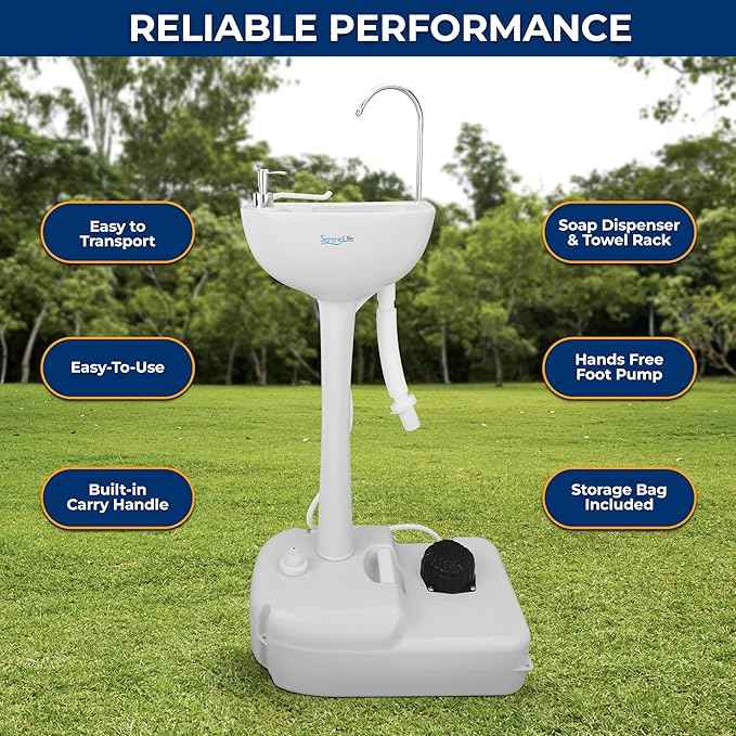SereneLife Portable Camping Sink with 19L (5+ Gallon) Water Tank, Hands-Free Foot Pump, Soap Dispenser & Towel Holder, Compact Design with Carry Handle – Perfect for Camping, Worksites, Outdoors