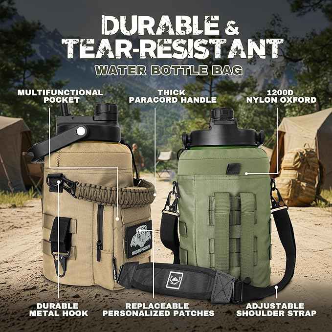 NATURE PIONEOR 1 Gallon Tactical Water Bottle Set, Stainless Steel 128 oz Sport Water Bottle with Tactical MOLLE Bottle Carrier Sleeve, for Outdoor Work, Gym, Hiking, Camping