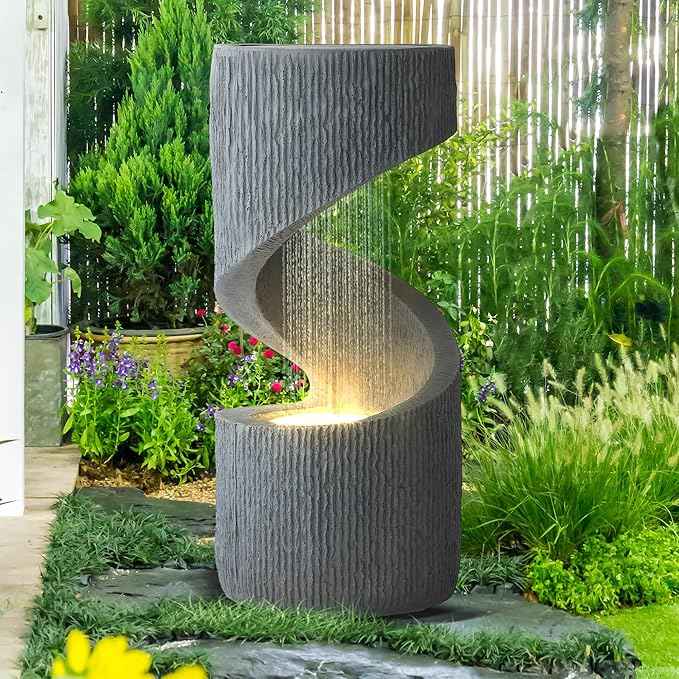 31.9" Outdoor Garden Water Fountain, S-Shaped Cascading Fountains and Waterfalls with LED Lights & Splash-Proof Net, Indoor/Outdoor Floor Standing Water Feature for Patio, Backyard, Home Decor