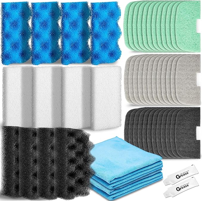 52 Pcs Replacement Filter Media Kit Compatible with Fluval 106/107 Aquarium Filters Include Biological Foams Ammonia Remover Phosphate Pads Nitrite Remover, Towel and Grease - AquaVibe