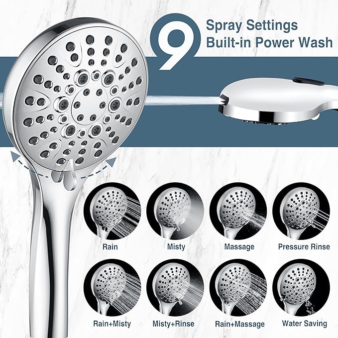 BRIGHT SHOWERS High Pressure Shower Head with Handheld, 9 Spray Settings Showerhead Built in Power Wash to Clean Tub and Pets, Extra Long 69" Hose, Adjustable Bracket, Chrome - AquaVibe
