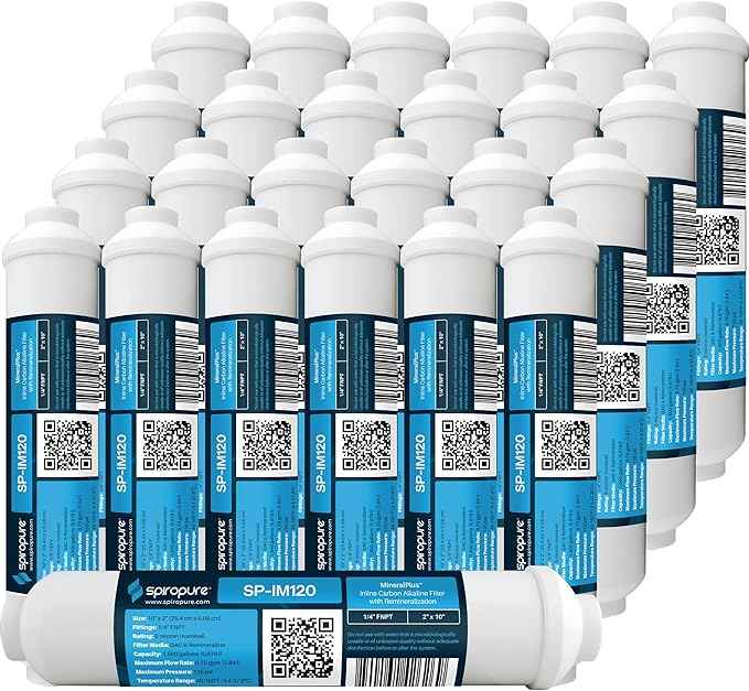 SpiroPure SP-IM120 Inline Alkaline Carbon Water Filter, MineralPlus Remineralization Filter with 1/4" FNPT 2” x 10”, Remineralizing for RO System, Refrigerators (25 Pack)