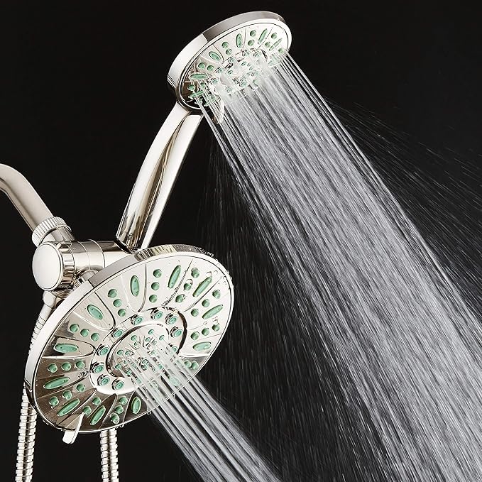 AquaDance Antimicrobial/Anti-Clog High-Pressure 30-setting Rainfall Shower Combo, Microban Nozzle Protection from Growth of Mold, Mildew & Bacteria, Brushed Nickel Finish/Coral Green Jets