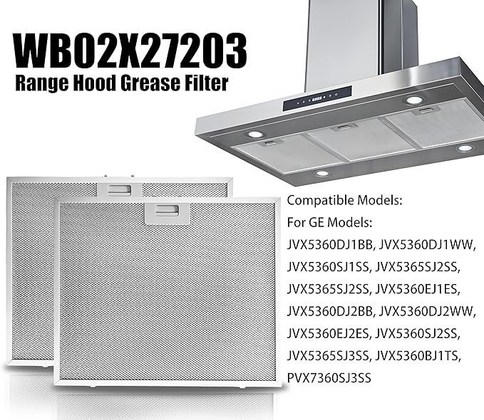 WB02X27203 Range Hood Grease Filter Compatible with GE Range Hood Models JVX5360DJ1BB JVX5360DJ1WW JVX5360SJ1SS JVX5365SJ1SS JVX5365SJ2SS（2 PCS） - AquaVibe
