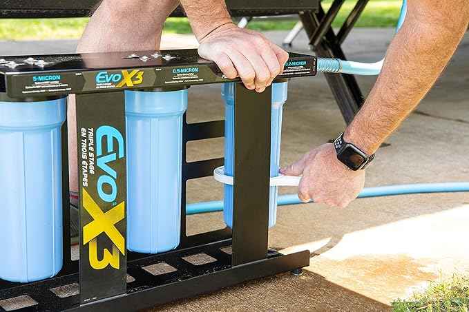 Camco Evo X3 Triple Stage Premium Camper/RV Water Filter Kit | Features 3 Replaceable Cartridges to Remove Sediments, Chlorine, Bad Tastes, Odors, Viruses, Bacteria, Contaminates, and More (40649)