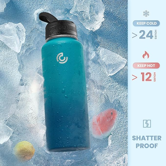 COKTIK 40oz Sports Water Bottle, Stainless Steel Water Bottle for Insulated, Reusable Travel Bottle, With Straw, With Handle Grip for Easy Carrying, Suitable for Cycling, Outdoor Vacations(Dark Night)