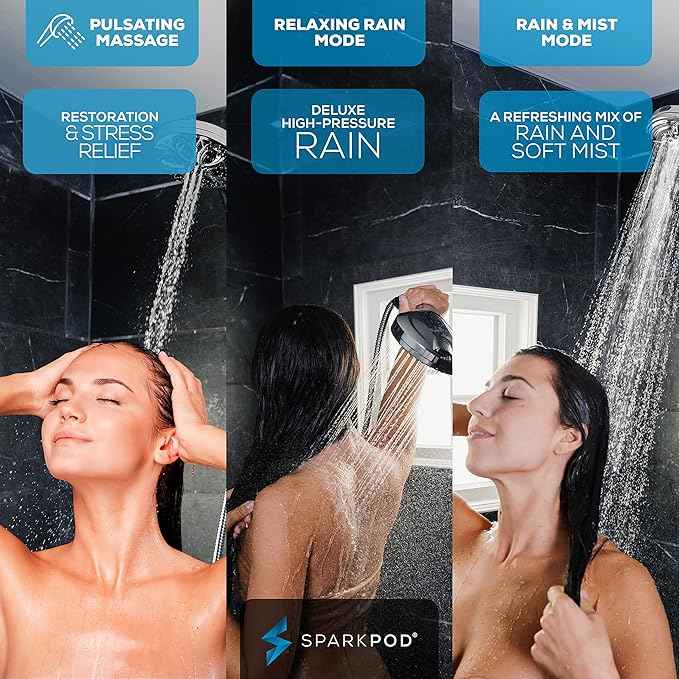 SparkPod 10-Mode Handheld Shower Head with Hose - 5" High Pressure Shower Head with Handheld Touch-to-Clean Nozzles, Built-In Power Jet, Stainless Steel 6ft Hose & Bracket (Polished Chrome)