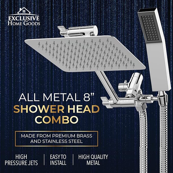 All Metal Shower Head 8" Dual Square Shower Head With Handheld Wand 71in Hose Set, High Pressure Rain Shower Heads Combo, 3-Way Diverter Rainfall Showerhead with Adjustable Extension Arm