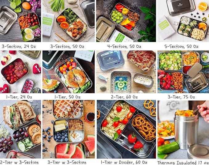 ecozoi Leak Proof Stainless Steel Lunch Box, 3-in-1 Eco Bento Box | Redesigned Silicone Seal + Bonus Lunch Pod | Sustainable Tiffin Eco Friendly Metal Bento Box Food Storage Containers
