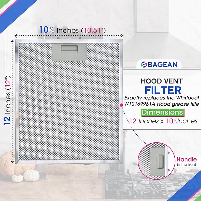 Bagean Range Hood Filter Replacement 12" x 10.5" W10169961A Compatible with Whirlpool Stove Hood Vent Filter - Aluminum Screen for Kitchen Overhead Exhaust Fan Blocks Grease & Filters Oven Air (2-Pk) - AquaVibe