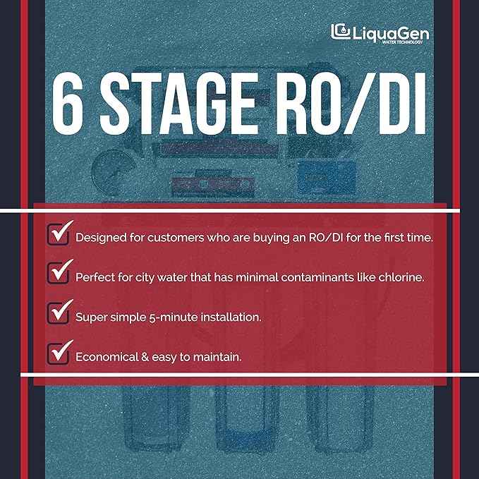 LiquaGen - 6 Stage Reverse Osmosis + Deionization Water Filtration System- 100 GPD w/Pressure Gauge & TDS Meter | Under Sink Water Filter Machine for Aquarium Water Purification