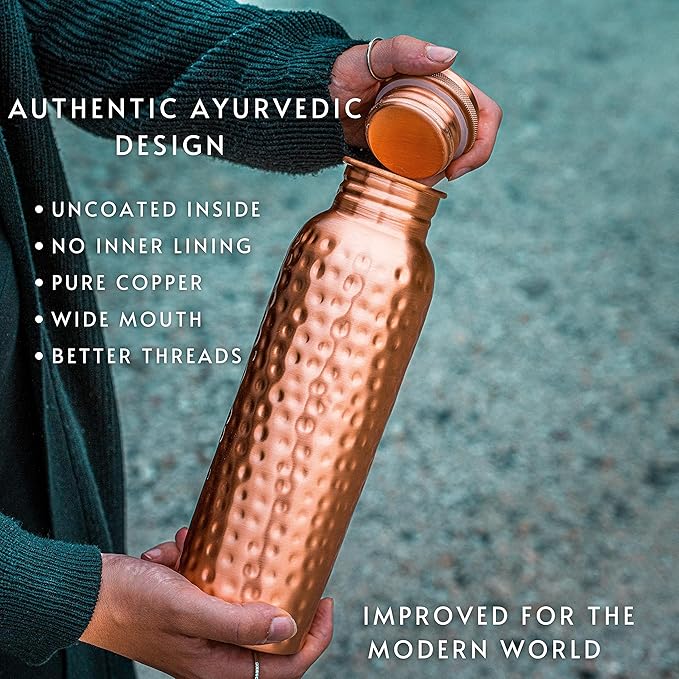 Copper Water Bottle - 34 Oz Extra Large - A Hammered Ayurvedic Pure Copper Vessel For Drinking - Drink More Water, Lower Your Sugar Intake And Enjoy The Health Benefits Immediately