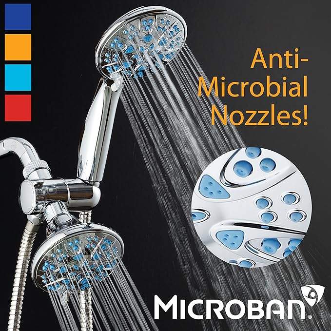 AquaDance Antimicrobial/Anti-Clog High-Pressure 30-setting Dual Head Combination Shower with Microban Nozzle Protection From Growth of Mold, Mildew & Bacteria for a Healthier Shower – Aqua Blue