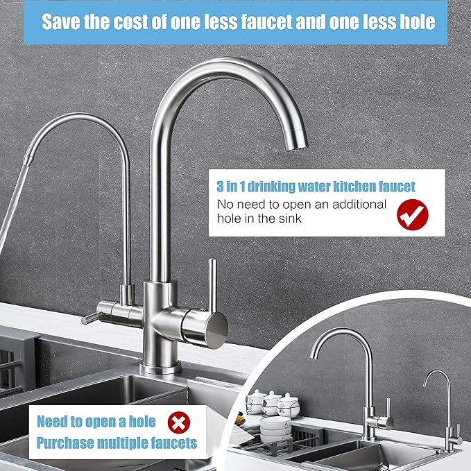 Faucet KF001, Brushed Nickel, Kitchen, Single Hole, Ceramic Plate Valve, 2 Handles, Solid Brass, 3 in 1 Water Filter Purifier