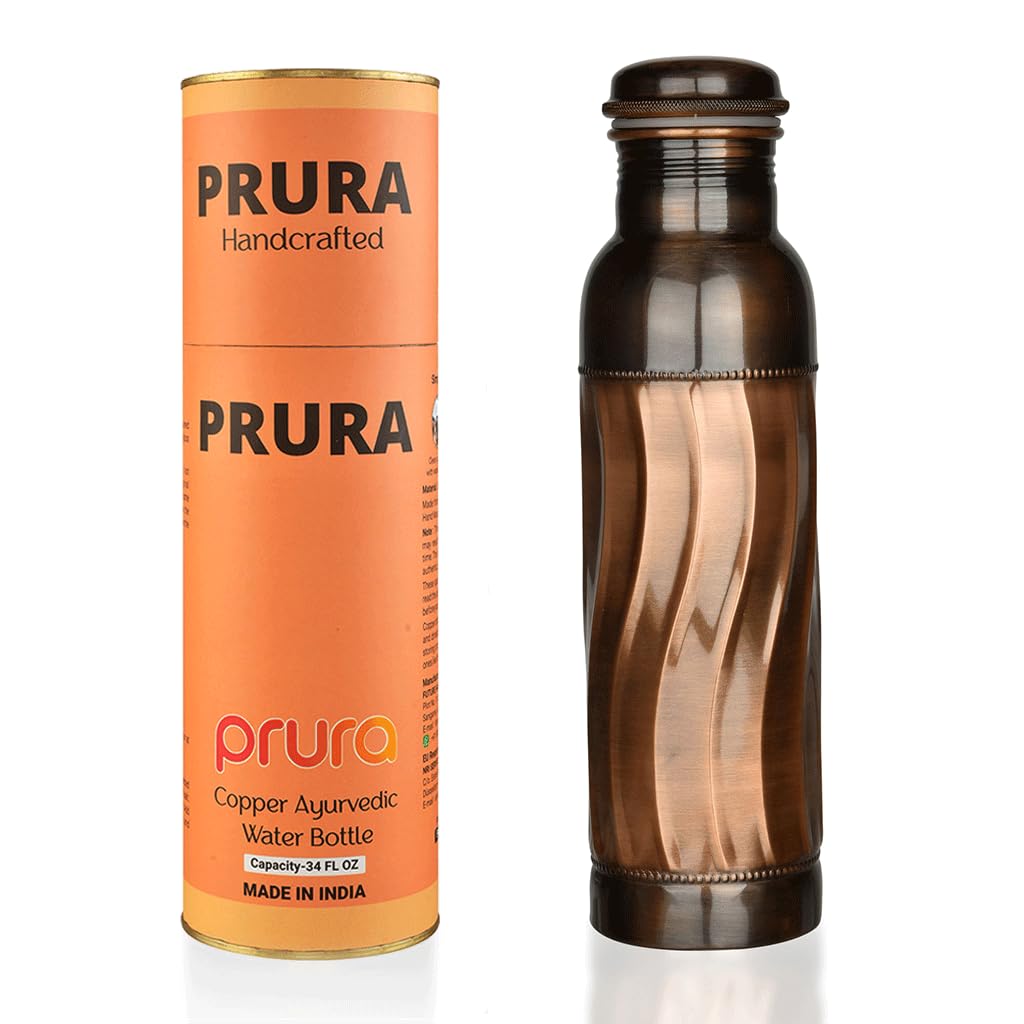 Black Wave Copper Water Bottle Pure Copper Vessel for Drinking (32.1 Ounces / Design 39)