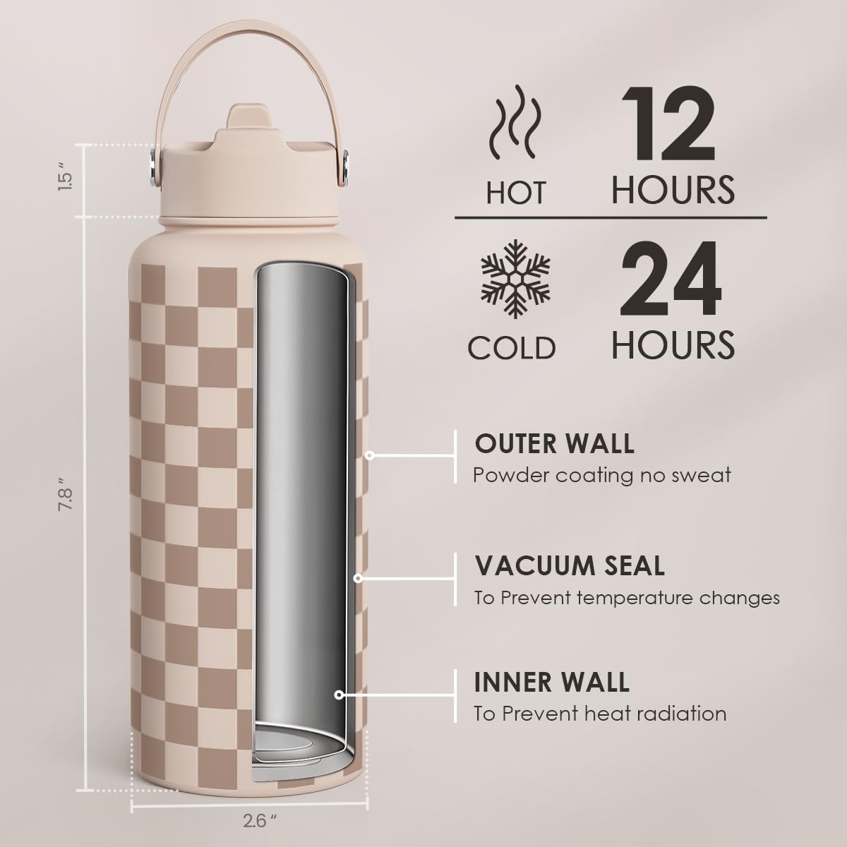 Checkerboard Water Bottle 32oz Stainless Steel with Lid & Straw (Checker)