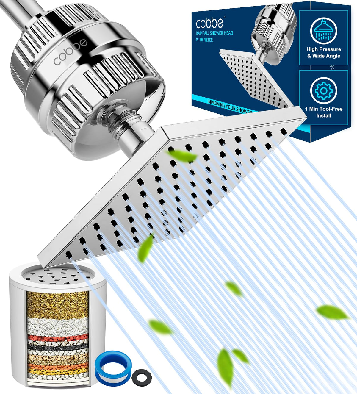 High Pressure Filtered Shower Head with Filters for Hard Water Combo (6" Square / Chrome)
