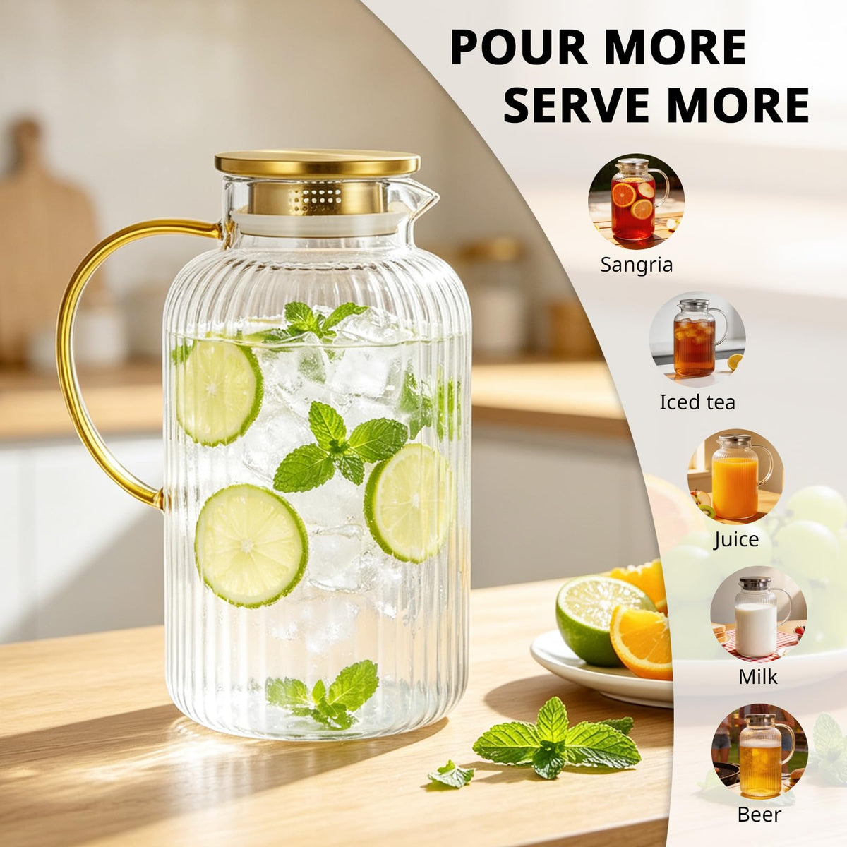 2.6 Liter 88 oz Stripes Gold Glass Pitcher with Lid and Handle (Stripes Gold / 87.9 Ounces)
